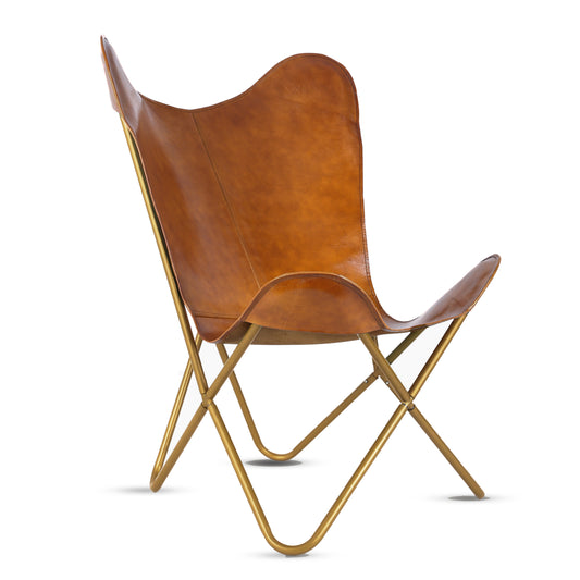 Leather Living Room Chairs- Brown Leather Butterfly Chair-Handmade with Powder Coated Iron Frame - Hana Exports