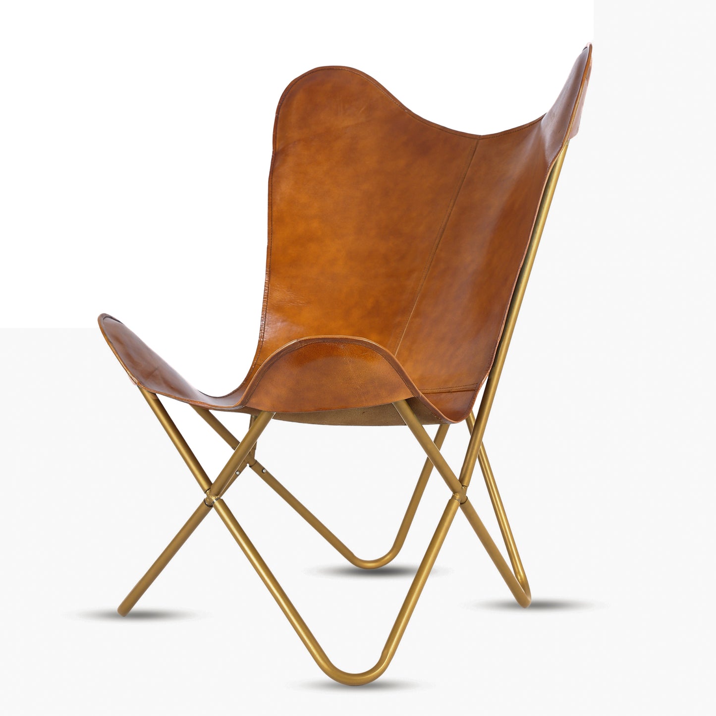 Leather Living Room Chairs- Brown Leather Butterfly Chair-Handmade with Powder Coated Iron Frame - Hana Exports