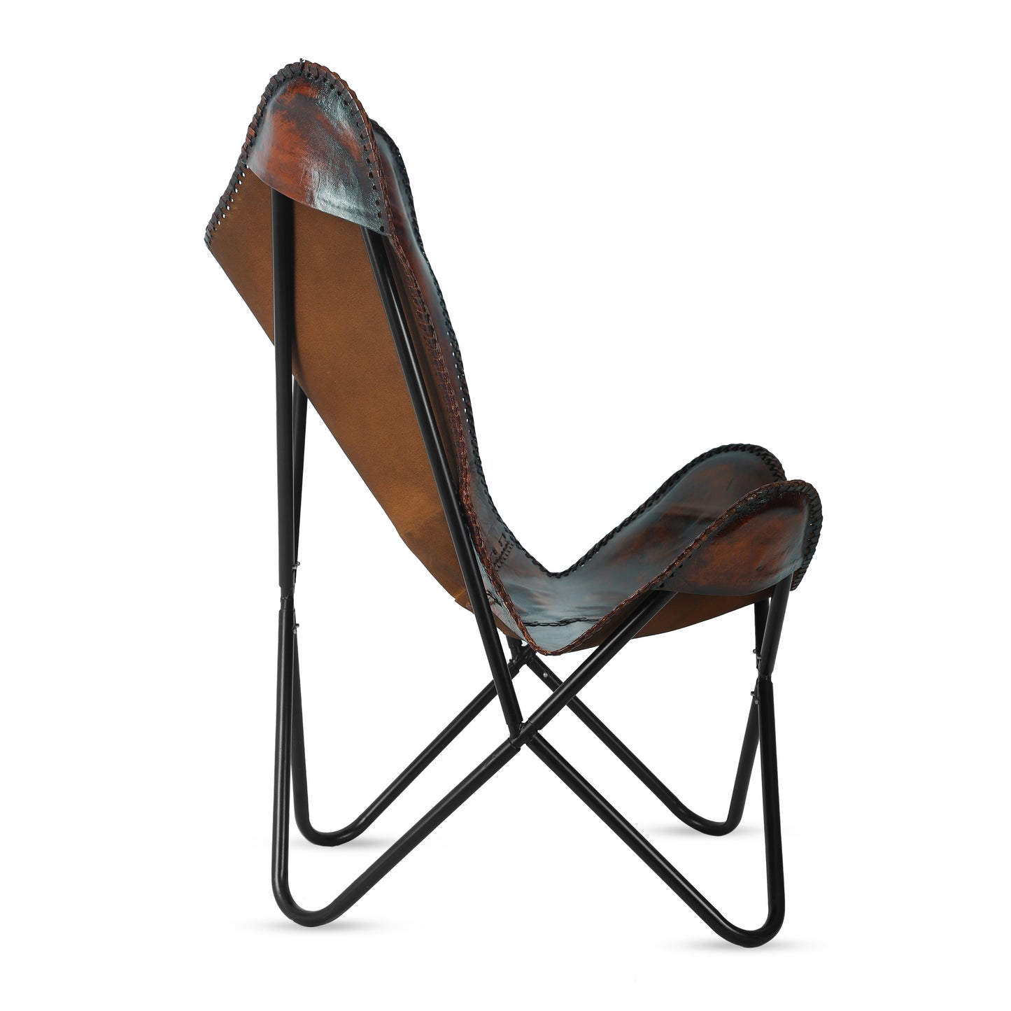 Handmade Leather Butterfly Chair Living Room- Side Hand Stich Leather Chair-Handmade with Powder Coated Folding Black Iron Frame - Hana Exports