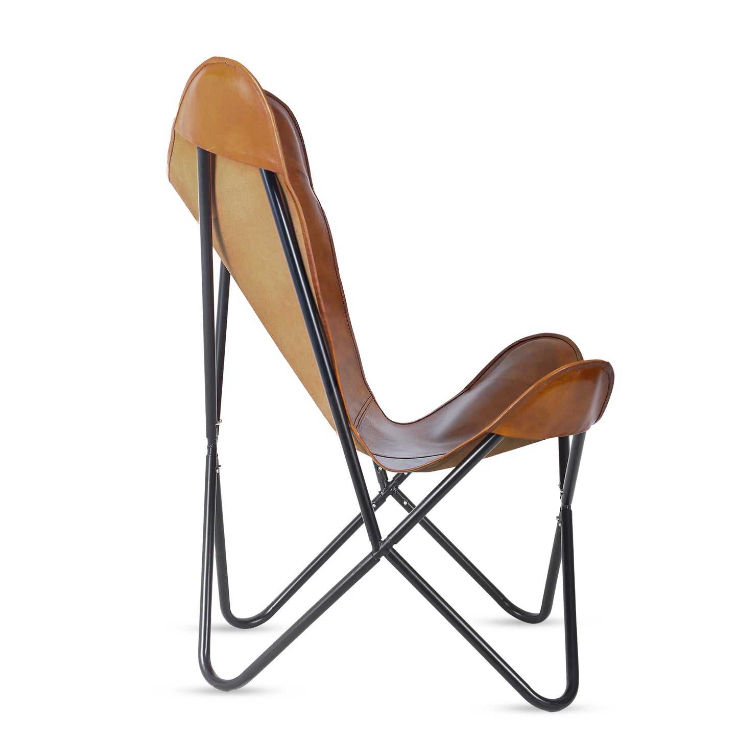 Handmade Leather Living Room Chairs-Butterfly Chair Tan Leather Butterfly Chair-Handmade with Powder Coated Folding Iron Frame - Hana Exports