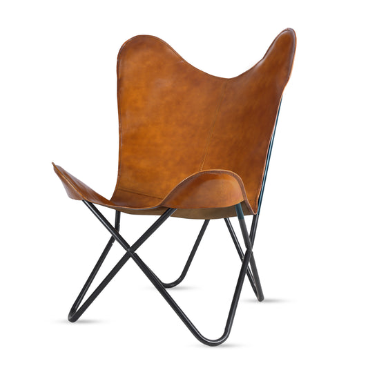 Handmade Leather Living Room Chairs-Butterfly Chair Tan Leather Butterfly Chair-Handmade with Powder Coated Folding Iron Frame - Hana Exports