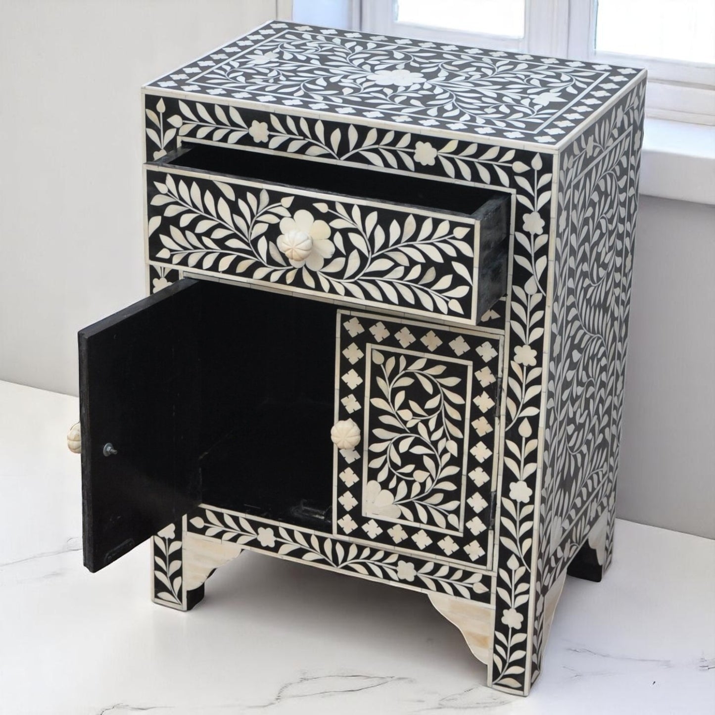 Handmade Bone Inlay Bedside Table or Nightstand – Intricately Crafted Accent Furniture