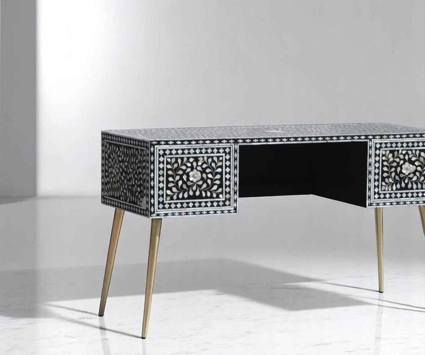 Black Mother of Pearl Inlay Desk – Handmade MOP Work Desk, Inlay Furniture from United States