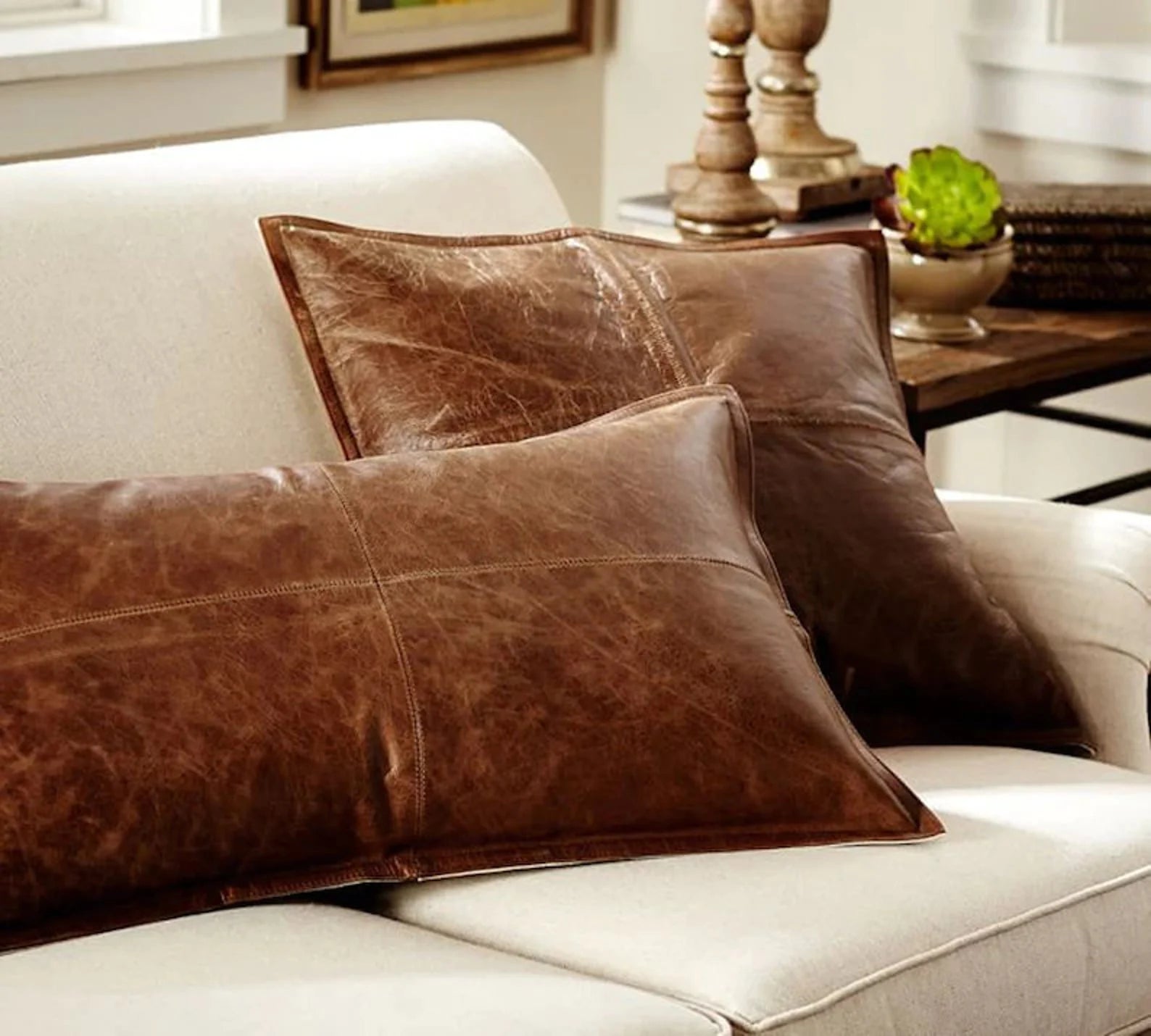 Rustic Brown Lambskin Leather Throw Pillow - Main Image