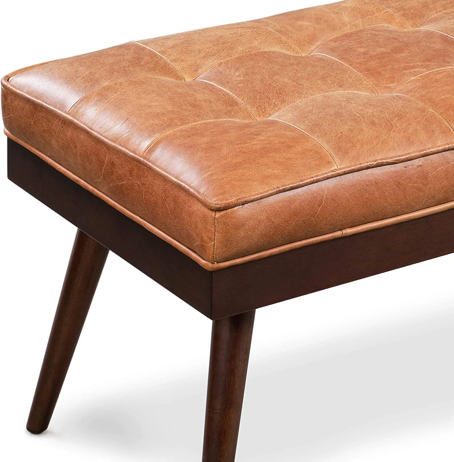 Wooden Bench with Full Grain Leather Upholstered Cushion - Hana Exports