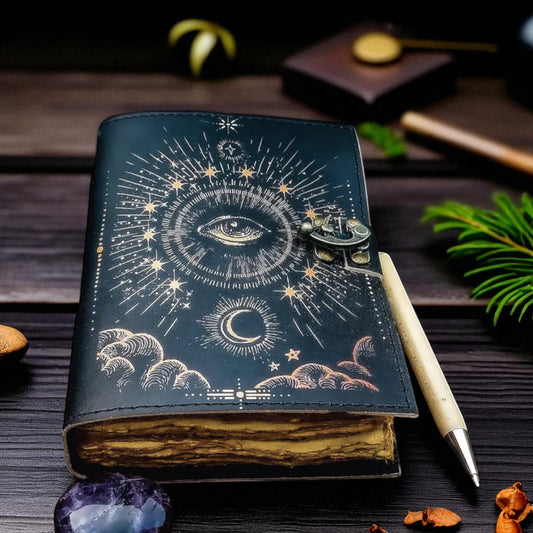 Galaxy Eye Embossed Leather Journal – Handmade Vintage Spellbook with Cotton Deckle Paper – Wiccan Grimoire by HANA EXPORTS