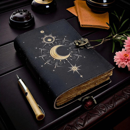 Sun & Moon Embossed Leather Journal – Handmade Vintage Notebook with Wrap Closure by HANA EXPORTS