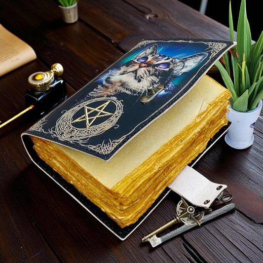 Cat-Themed Book of Shadows Leather Journal | Witchcraft Spellbook with Blank Pages