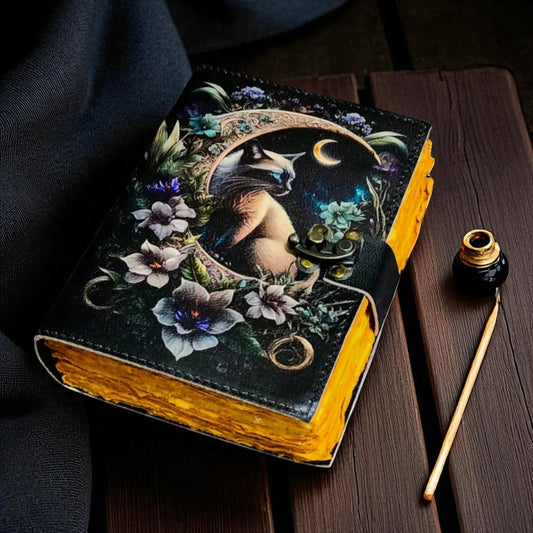 Book of Shadows Leather Spellbook | Witchcraft Journal Spells & Cat Cover | Wiccan Grimoire