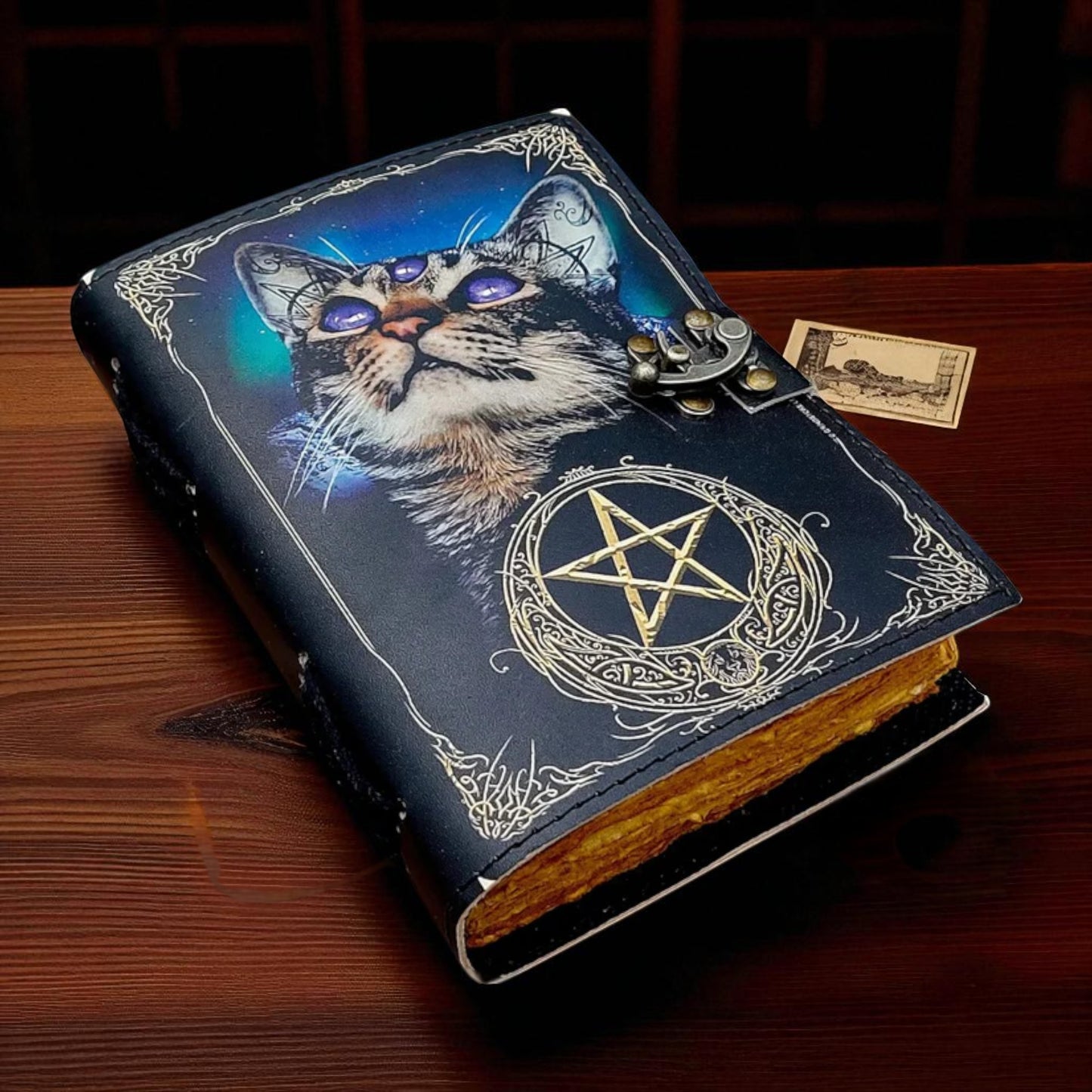 Cat-Themed Book of Shadows Leather Journal | Witchcraft Spellbook with Blank Pages