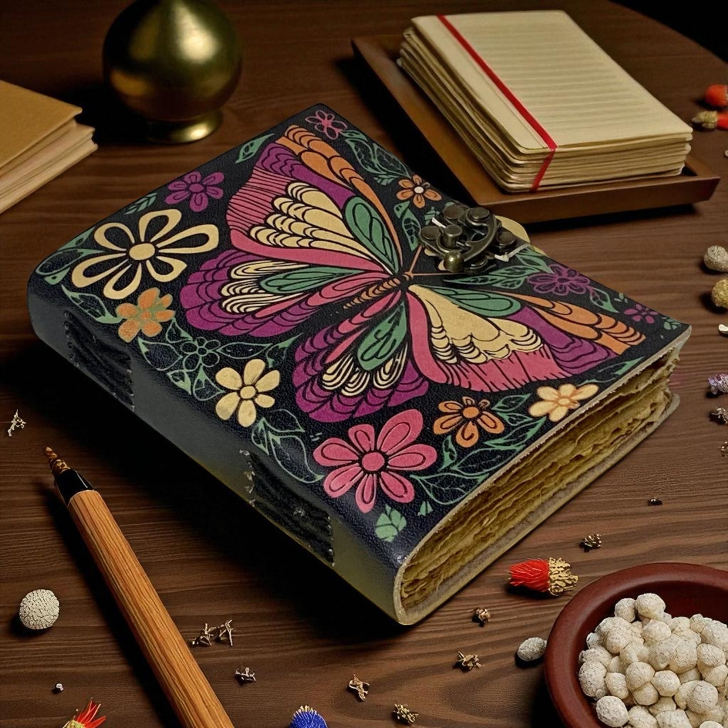 Witch Leather Journal – Handmade Spell Book with Deckle Edge Paper & Metal Clasp