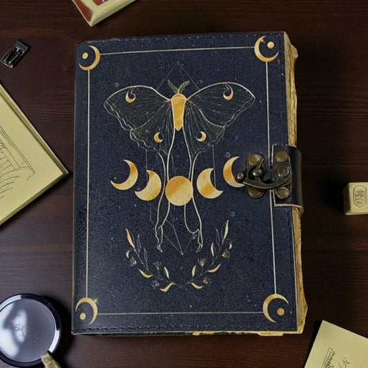 Luna Moth Leather Grimoire Journal – Handmade Spell Book with Vintage or Colorful Paper