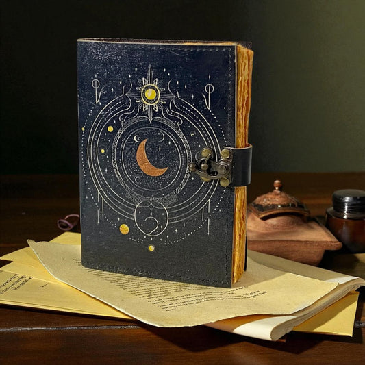 Moon Printed Leather Grimoire Journal – Handmade Spellbook with Vintage Deckle Paper & C Clasp