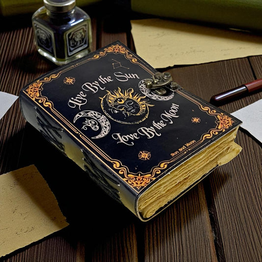 Sun & Moon Leather Journal – Handmade Vintage Sketchbook with Deckle Paper & Brass Lock