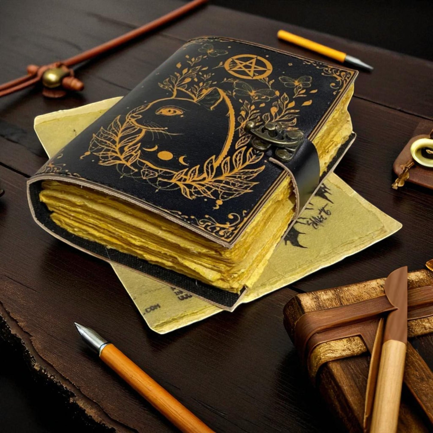 Celtic Cat Leather Journal – Handmade Grimoire, Spell Book, Book of Shadows for Men & Women