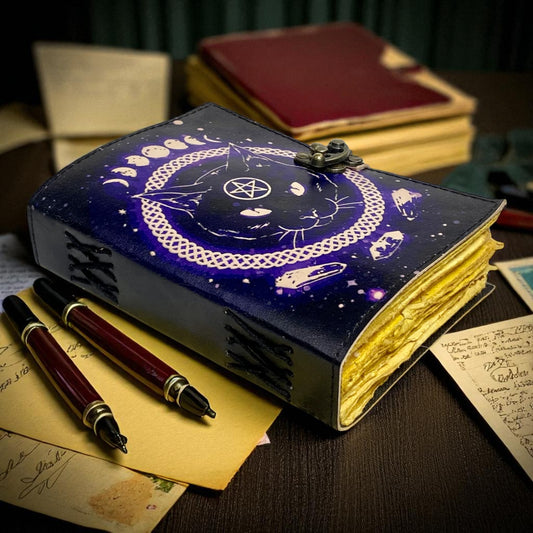 Celtic Cat Leather Grimoire Journal – Handmade Book of Shadows with Deckle Paper & C-Lock