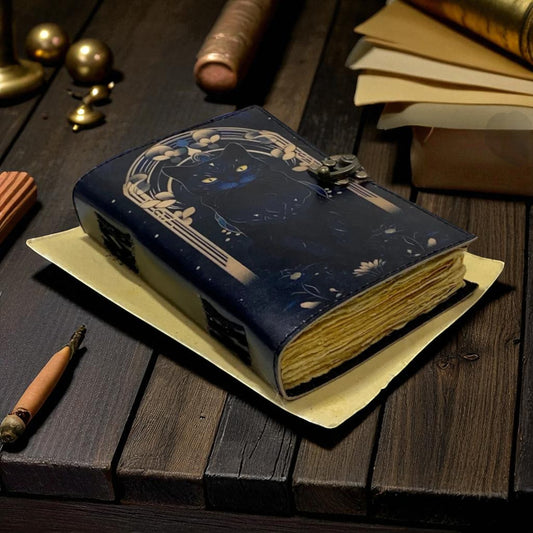 Vintage Leather Journal with Antique Deckle Paper – Handmade Wiccan Notebook with Lock