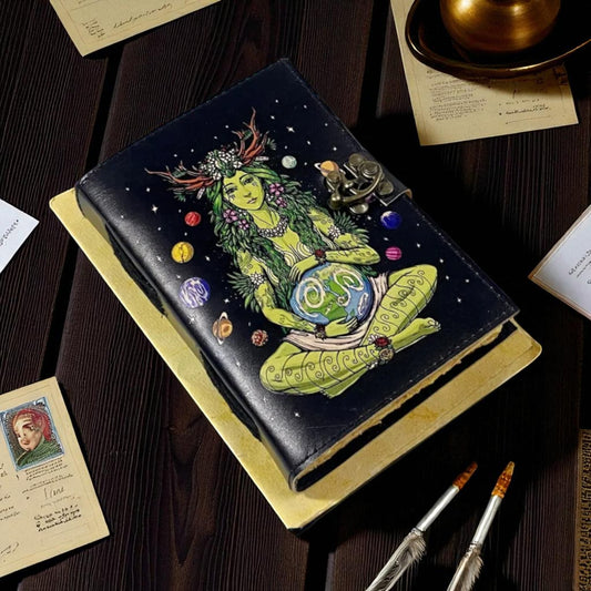 Mother Earth Leather Journal – Handmade Chakra Healing Book of Shadows with Antique Paper