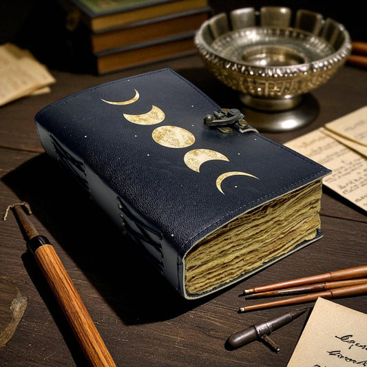 Sun & Moon Leather Journal – Vintage Grimoire with Deckle Paper | Wiccan Sketchbook Gift