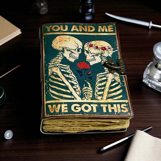 The Lovers Skull Leather Grimoire – Handmade Journal with Deckle Edge Paper & Clasp Lock