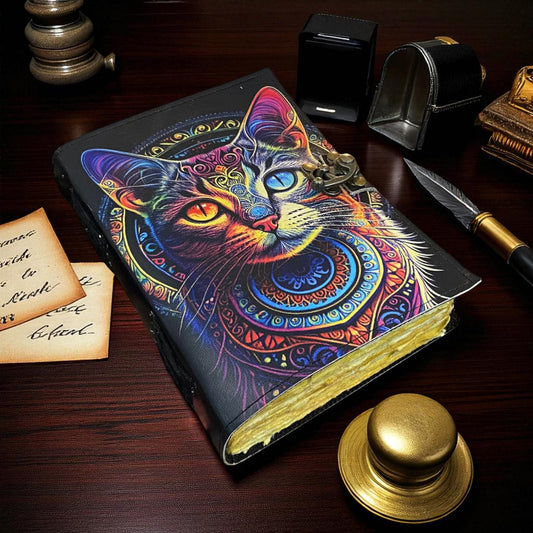 Celtic Cat Leather Journal – Handmade Grimoire Book of Shadows with Deckle Edge Paper