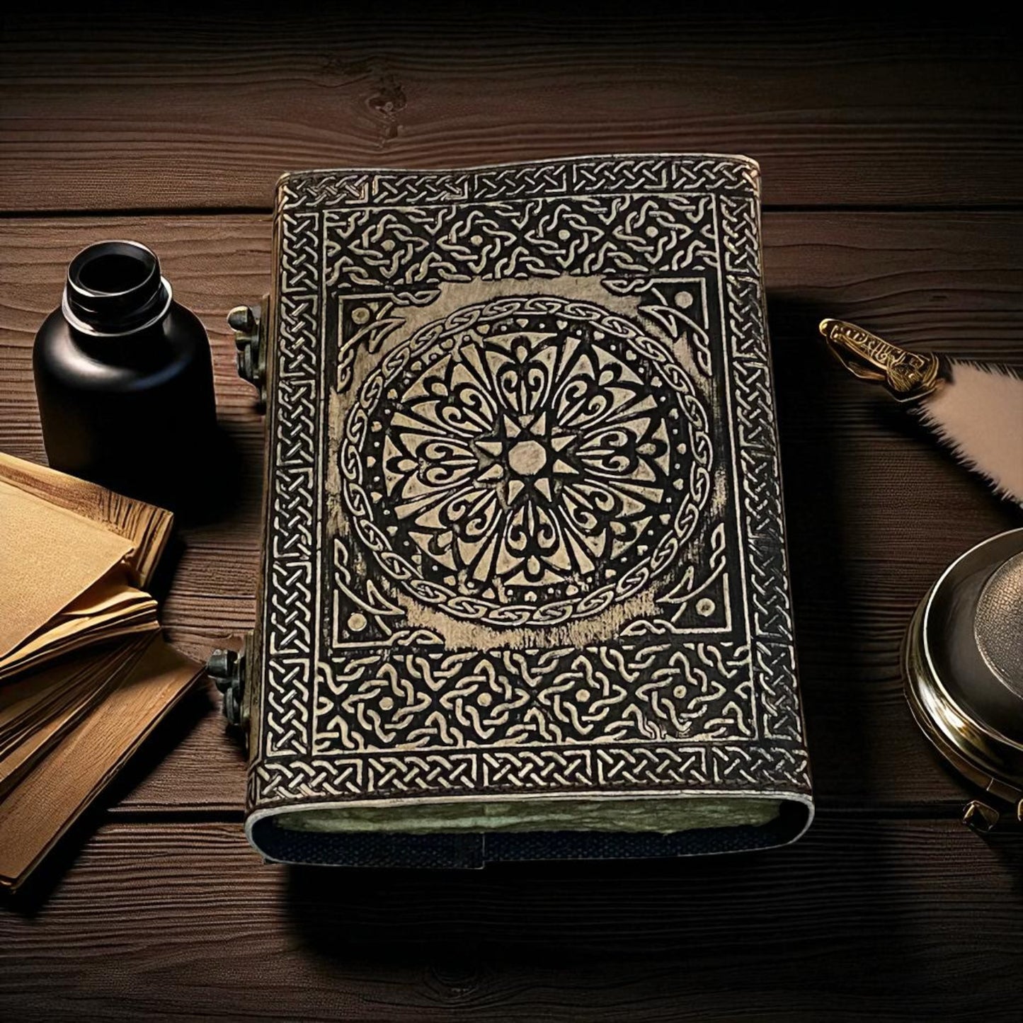 Blank Spell Book of Shadows – Handmade Leather Journal with Lock | Wiccan Grimoire Notebook