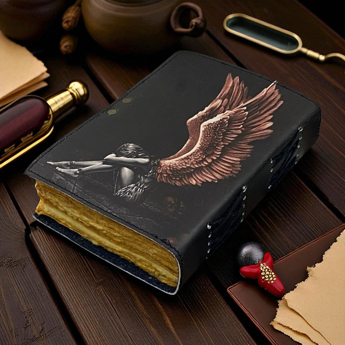 Blank Spell Book Leather Journal – Handmade Grimoire with Deckle Paper | Wiccan Vintage Gift