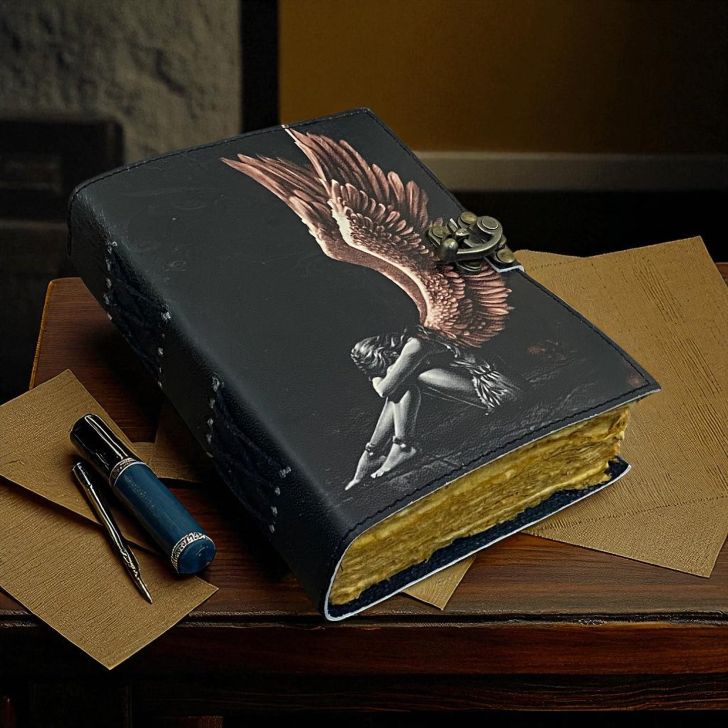 Blank Spell Book Leather Journal – Handmade Grimoire with Deckle Paper | Wiccan Vintage Gift