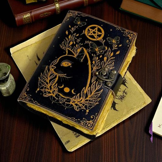 Celtic Cat Leather Journal – Handmade Grimoire, Spell Book, Book of Shadows for Men & Women