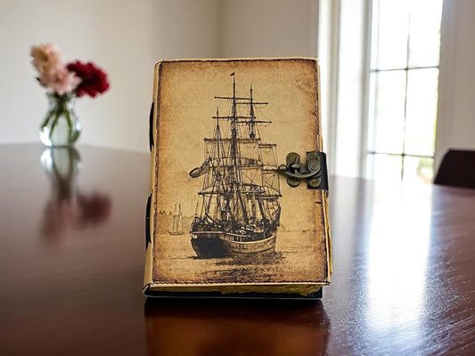 Sailing Ship Leather Journal – Handmade Vintage Travel Notebook with Deckle Paper | HANA EXPORTS