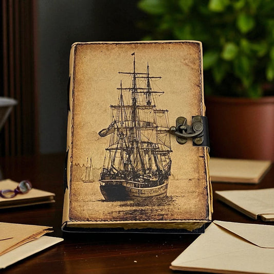 Sailing Ship Leather Journal – Handmade Travel Notebook with Deckle Paper & Brass Lock