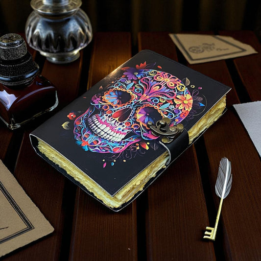 Skull Printed Leather Journal – Vintage Handmade Grimoire with Deckle Paper & Clasp Lock
