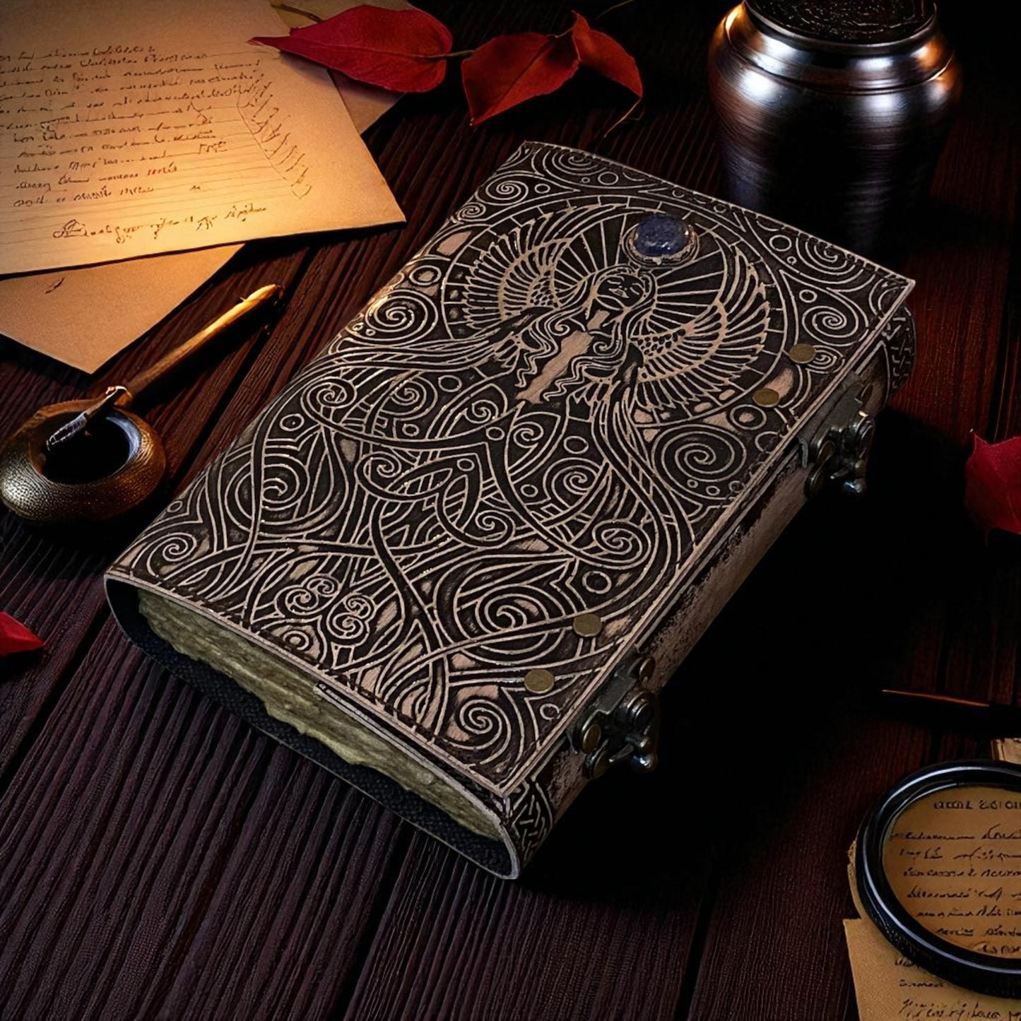 Blank Spell Book of Shadows – Handmade Leather Journal with Lock | Wiccan Grimoire Notebook