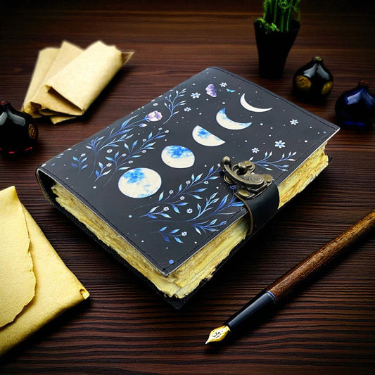 Personalized Moon Phase Leather Journal – 200 Pages Handmade Vintage Paper Diary with C-Lock
