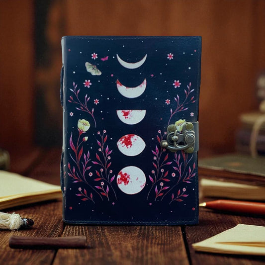 Personalized Moon Phase Leather Journal – 200 Page Vintage Deckle Paper Diary with C-Lock