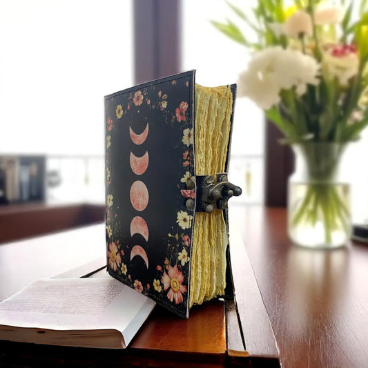 Personalized Moon Phase Leather Journal – Handmade Vintage Notebook with Deckle Paper