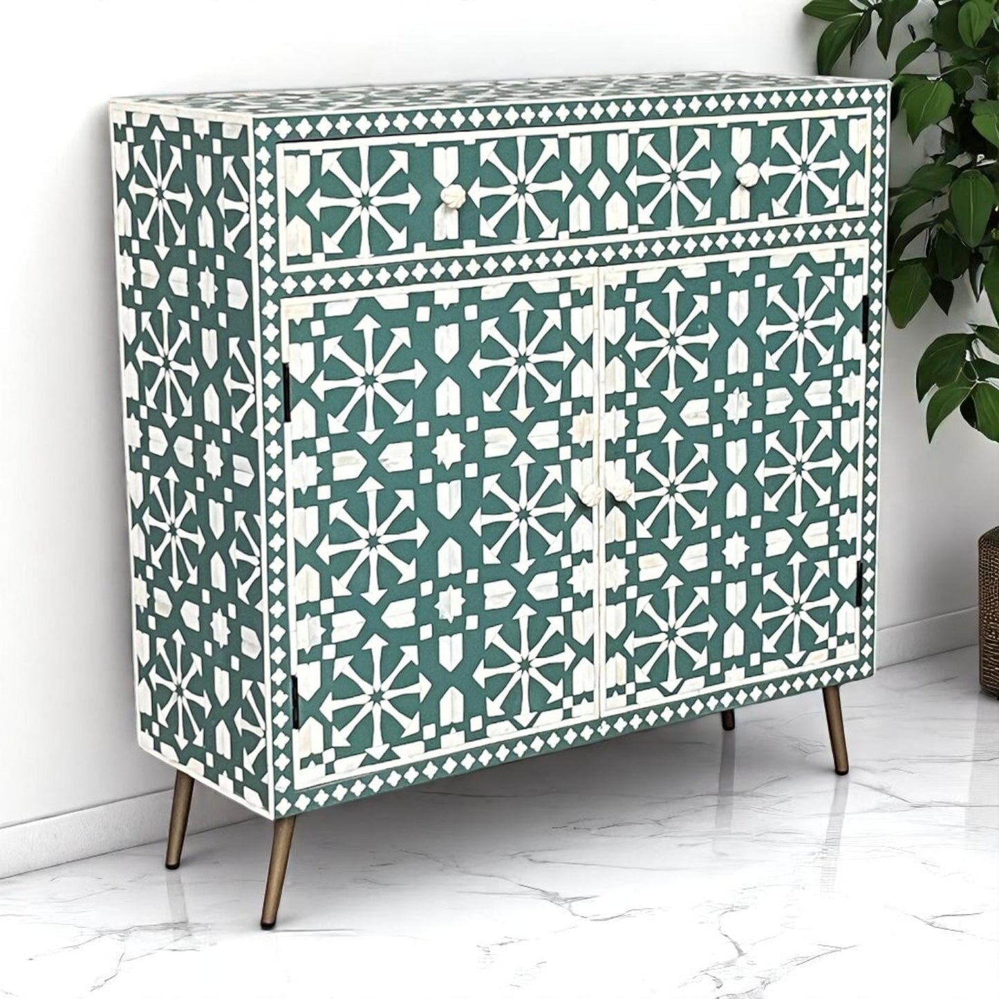 Handmade Bone Inlay Sideboard Cabinet – Wood, Camel Bone, MDF & Resin by Hana Exports