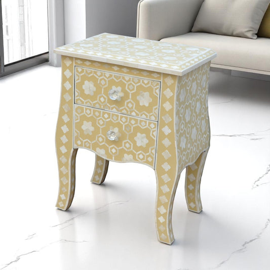 Handmade Bone Inlay Bedside Table | 21” Tall Custom Inlay Nightstand by Hana Exports