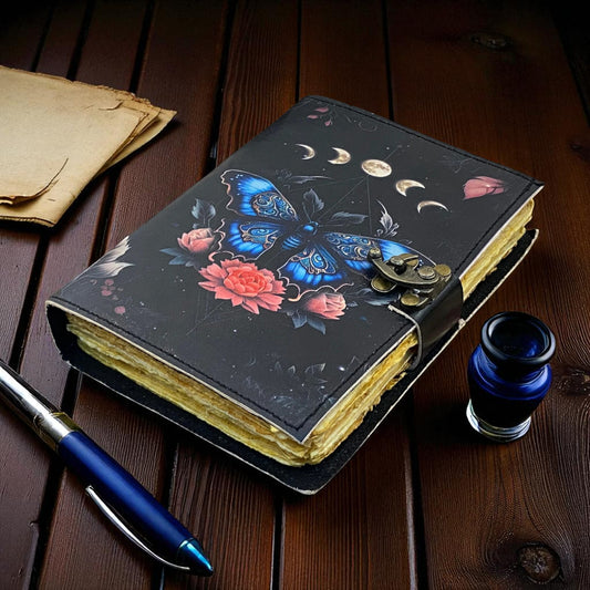 Luna Moth Leather Spell Book – Handmade Witchcraft Journal with Vintage Deckle Paper & Lock