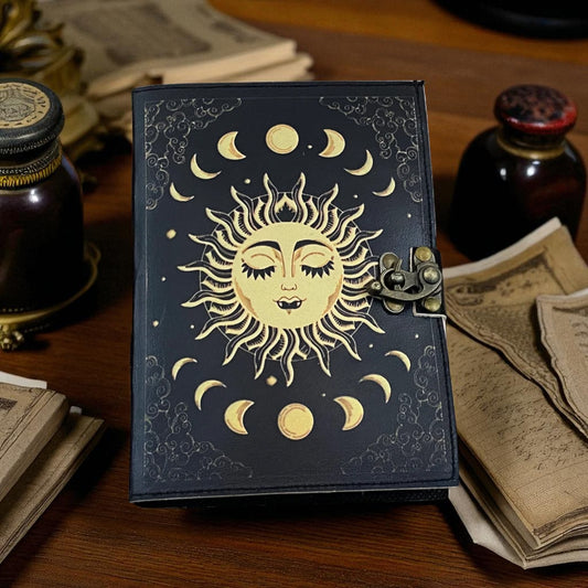 Moon Phase Leather Grimoire Journal – Handmade Spellbook with Deckle Paper & Brass C-Lock (Copy)