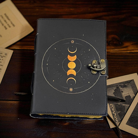 Moon Phase Leather Grimoire Journal – Handmade Spellbook with Deckle Paper & Brass C-Lock