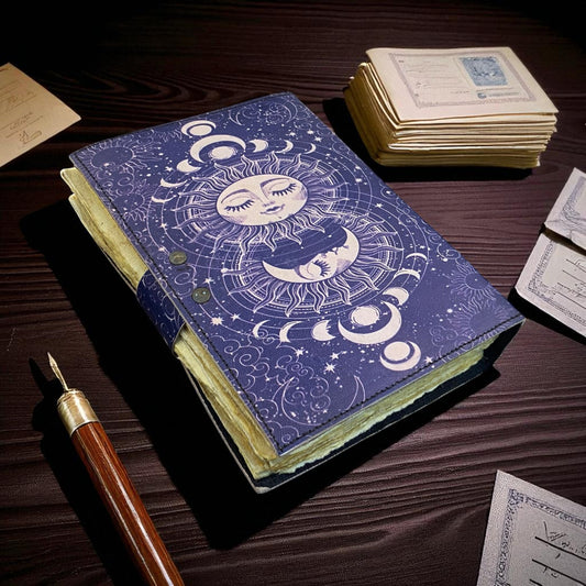 Moon Phase Leather Grimoire Journal – Handmade Spellbook with Deckle Paper & Brass Lock