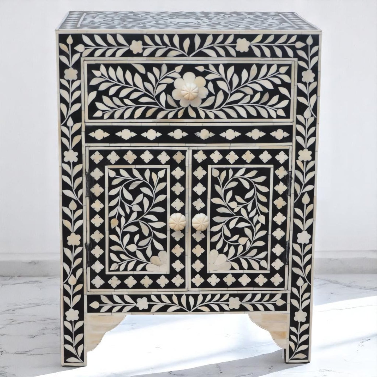 Handmade Bone Inlay Bedside Table or Nightstand – Intricately Crafted Accent Furniture