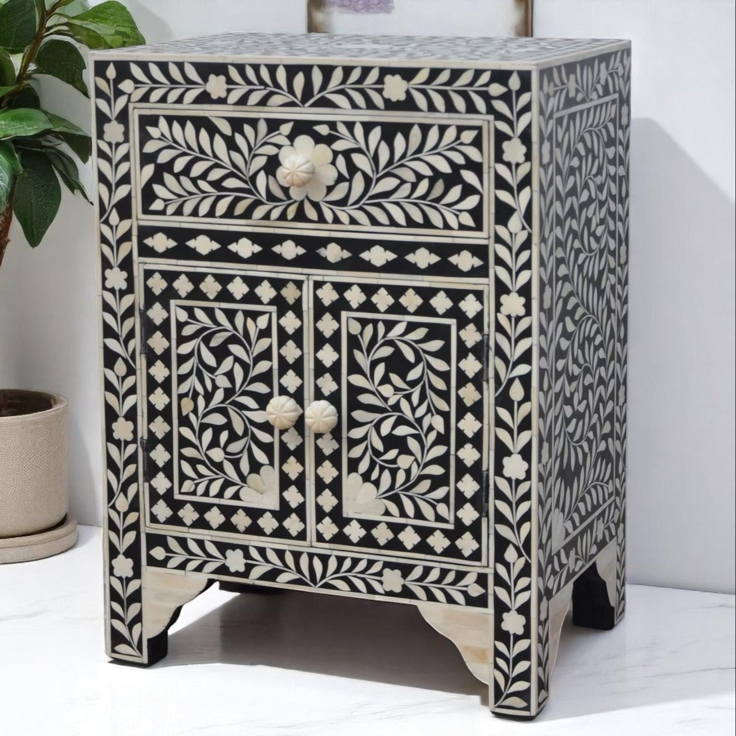 Handmade Bone Inlay Bedside Table or Nightstand – Intricately Crafted Accent Furniture