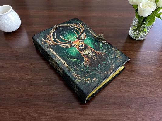 Vintage Deer Leather Journal | Handmade Grimoire Book with Deckle Edge Paper & Brass Lock