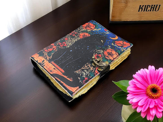 Magic Cat Leather Journal – Handmade Vintage Spell Book with Deckle Paper & C-Lock