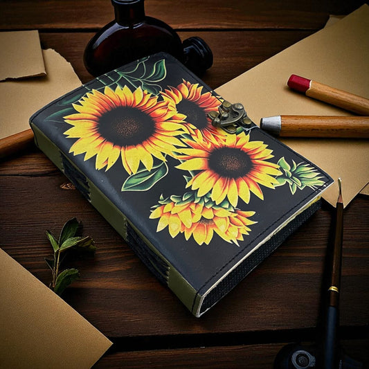 Sunflower Leather Journal – Handmade Vintage Notebook with Deckle Paper & Lock for Women