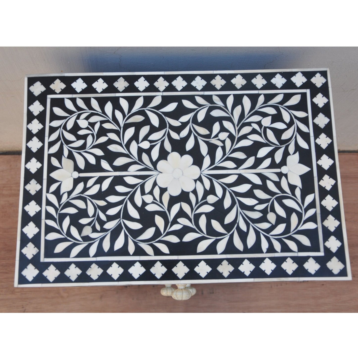 Handmade Bone Inlay Bedside Table or Nightstand – Intricately Crafted Accent Furniture