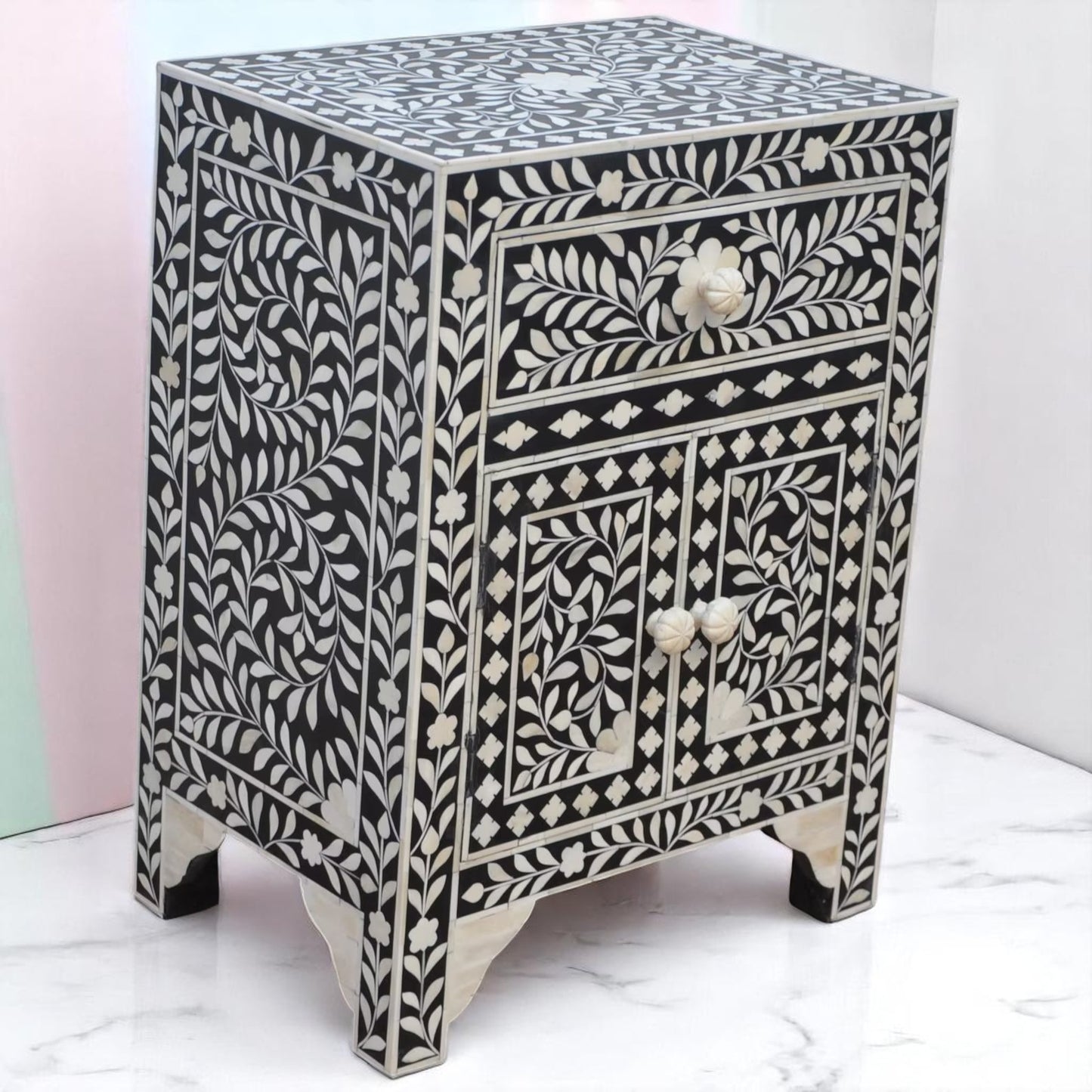 Handmade Bone Inlay Bedside Table or Nightstand – Intricately Crafted Accent Furniture