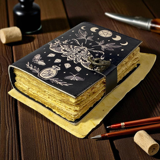 Luna Moth Leather Journal – Handmade Spellbook with Chakra Stones & Deckle Paper